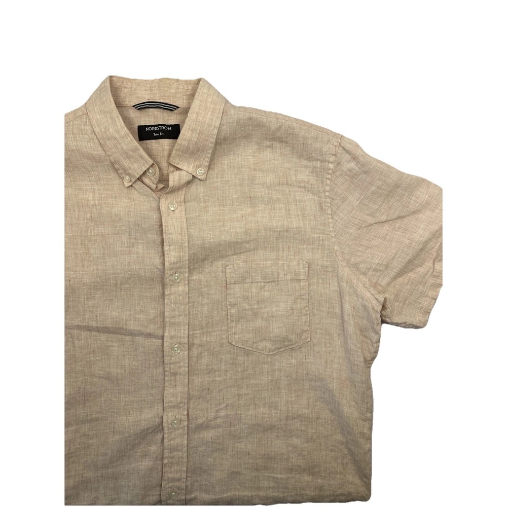 Nordstrom Mens Button Down Trim Fit Melon Orange 100% Linen Short Sleeve Shirt L